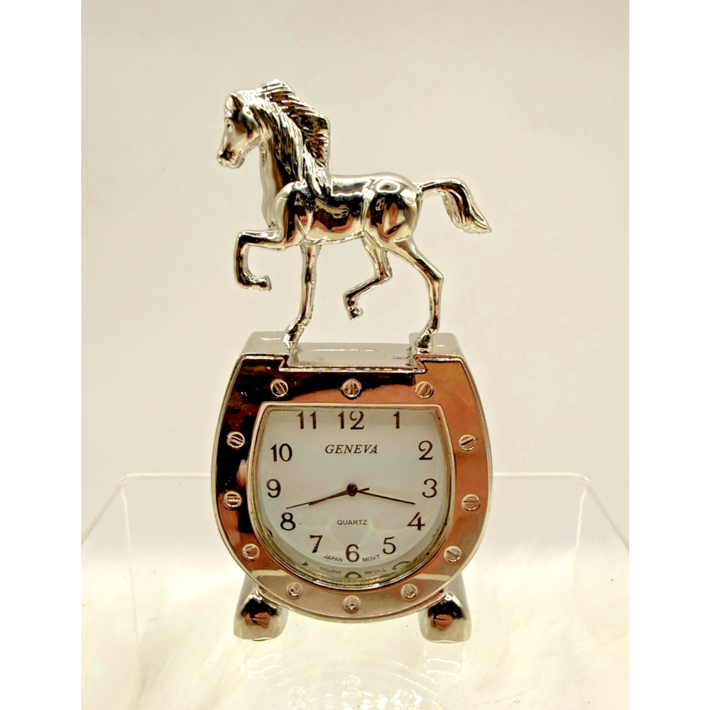 Geneva Equestrian Silver-Plated Vintage Style Miniature Desk Clock-Working